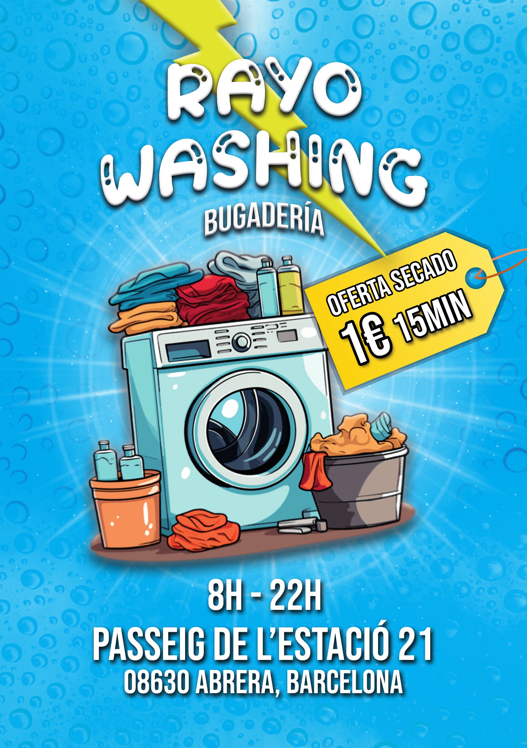 Cartel de Rayo Washing con horario, dirección y oferta de secado