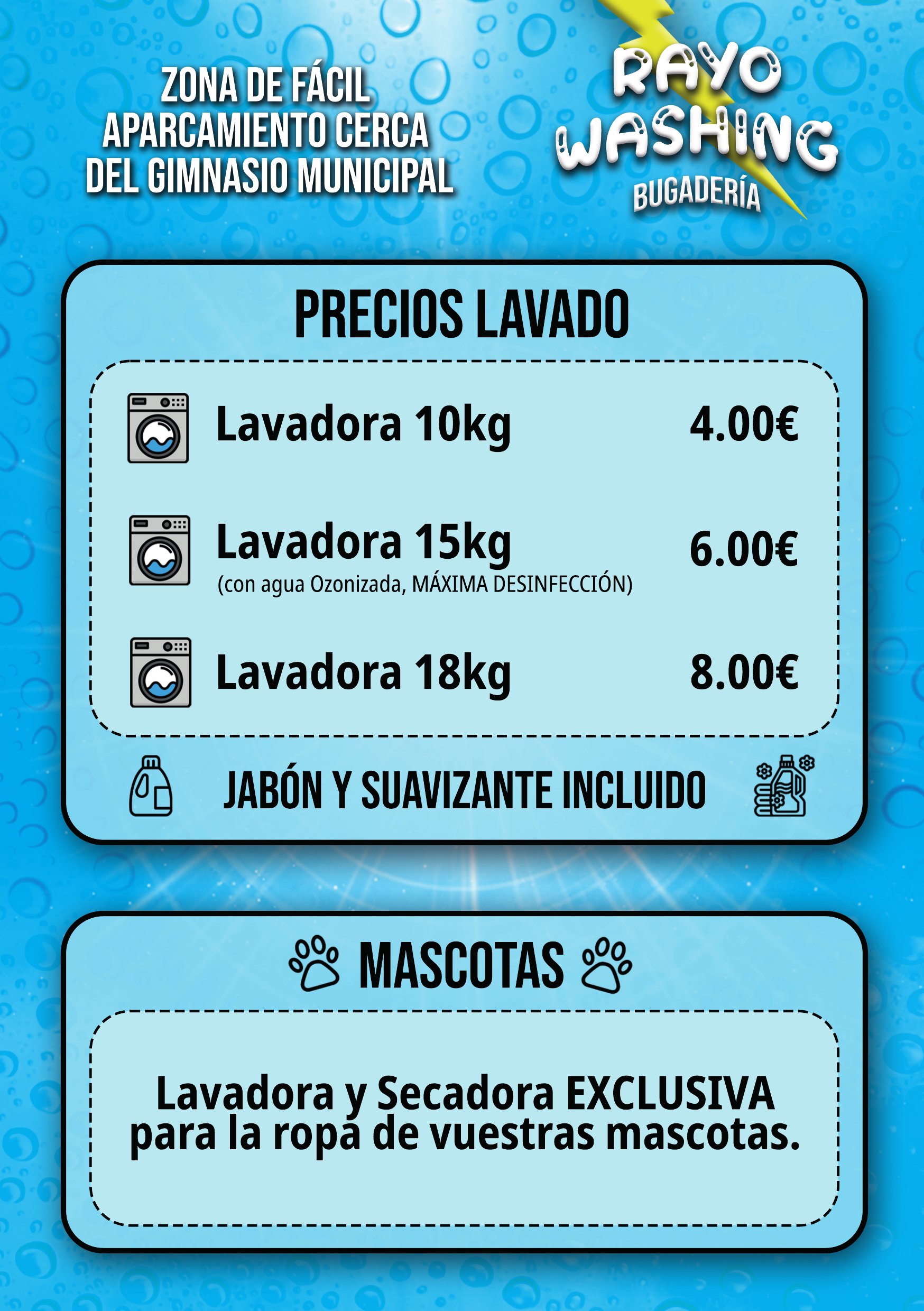 Cartel de Rayo Washing con precios de lavado y servicio para mascotas